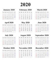 Set of month calendars for 2020 year with simple minimalistic design, English version, raster - 301980016