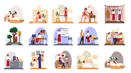 Daily routine of a woman set. Isolated vector illustration in cartoon style