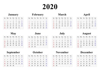 Year 2020 calendar with simple minimalistic design, English version, raster