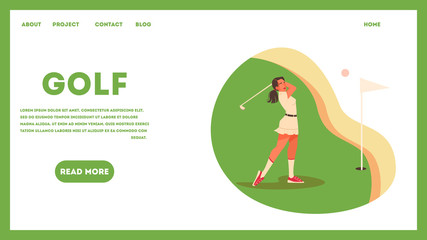 Web banner concept with a female golf player on green field.