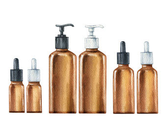 Watercolor set vector glass bottles for skin care products.