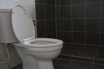 modern design of small bathroom with white lavatory water closet and used black tile wall and floor