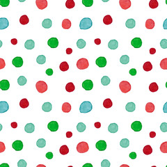 Vector seamless pattern: red and green watercolor circles on a white background