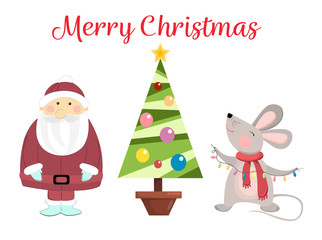 Christmas vector set with the mouse, santa claus, сhrismas tree.
