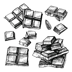 Hand drawn set of chocolate.Hand drawn chocolate bar broken into pieces, appetizing realistic drawing. illustration of choco bar on white background. 