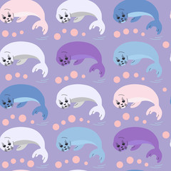 Fototapeta premium Seal pup seamless pattern in trendy colors. Vector illustration of lying seal animal in a flat style. Design element for textile print, wrapping paper.