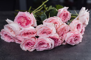 Close-up of pink roses. A girl holding a rose. Flowers