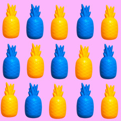 Three colorful pineapples on pink background. Fruits Pattern