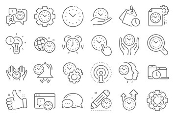 Time management line icons. Alarm clock, timer plan and project deadline signs. Countdown clock, time log and appointment reminder icons. People work, watch and office timer. Line signs set. Vector