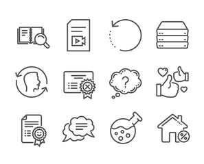 Set of Technology icons, such as Recovery data, Loan house, Smile, Reject certificate, Text message, Like, Question mark, Chemistry lab, Search book, Video file, Face id, Servers. Vector