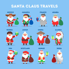 Set of cute funny Santa Claus wearing national costumes. Santa