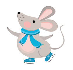 Christmas vector Ice skating mouse.  Symbol 2020 year. Chrismas animal with scarf.