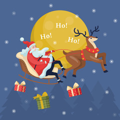 Santa Claus in sleigh and running deer. Christmas character with gift