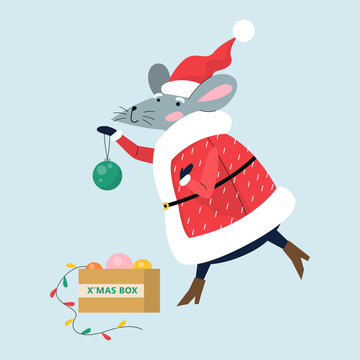 Cute Christmas rat. Animal character holding festive stuff.