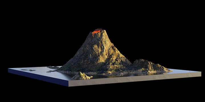 volcano erupts lava, cross section model of island with volcanism isolated on black background (3d science render)