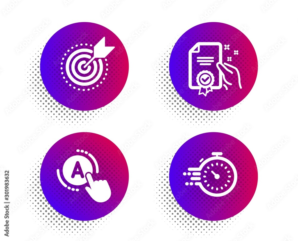 Poster certificate, ab testing and target purpose icons simple set. halftone dots button. timer sign. certi