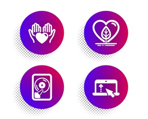 Hold heart, Hdd and Local grown icons simple set. Halftone dots button. Swipe up sign. Care love, Memory disk, Organic tested. Scroll screen. Business set. Classic flat hold heart icon. Vector