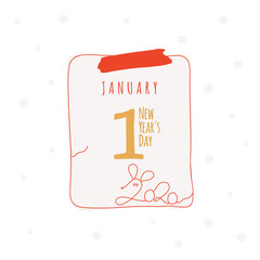 Calendar sheet. With shutter for New Year's Day. January 1. Beige and red illustration on white background with a stylized mouse.