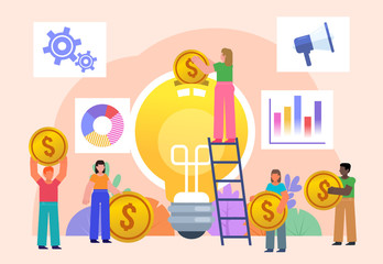 Startup crowd funding concept. Group of people stand with coins near big idea bulb. Poster for social media, web page, banner, presentation. Flat design vector illustration
