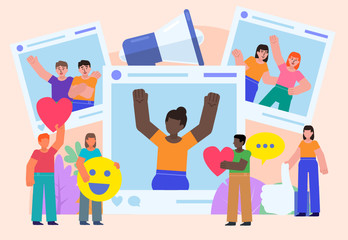 Vote, comment, like or share photos in social net. Group of people stand near big photo frames. Poster for social media, web page, banner, presentation. Flat design vector illustration