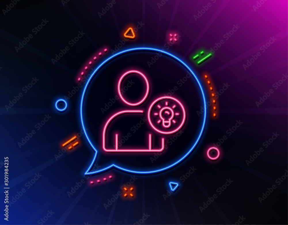 Poster user line icon. neon laser lights. profile with lamp bulb sign. person silhouette with idea symbol. 