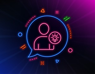 User line icon. Neon laser lights. Profile with Lamp bulb sign. Person silhouette with idea symbol. Glow laser speech bubble. Neon lights chat bubble. Banner badge with user idea icon. Vector