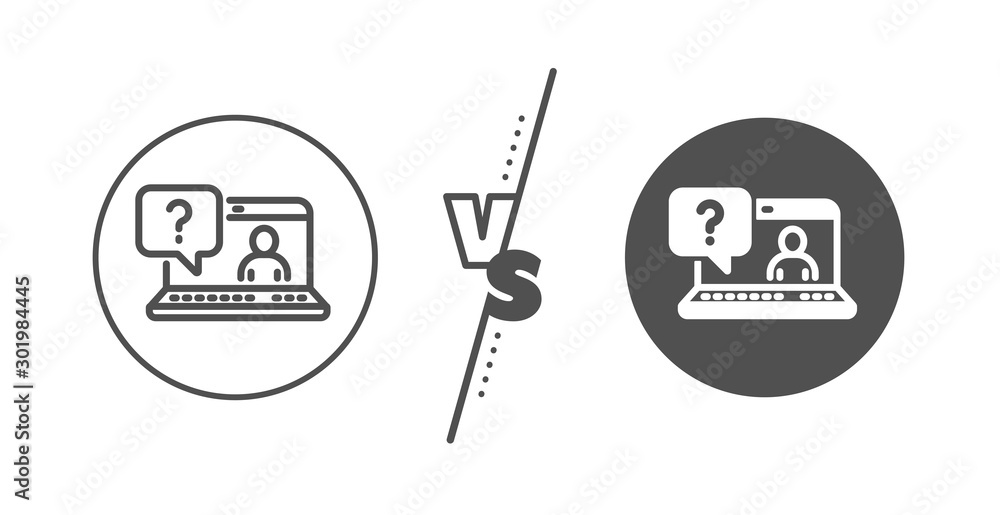 Poster online faq support sign. versus concept. question mark line icon. line vs classic faq icon. vector