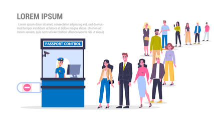 Vector illustration of big queue of people standing in the airport