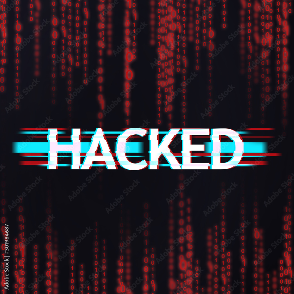 Leinwandbilder Hacked inscription in glitch style over red binary code stream