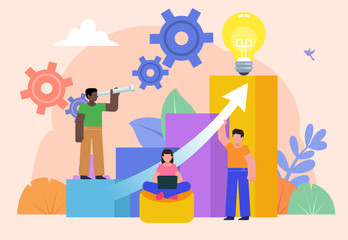 Business growth, career ladder concept. Group of people stand near big growth steps. Poster for social media, web page, banner, presentation. Flat design vector illustration