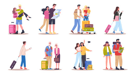 Vector illustration set of tourist with laggage and handbag. - obrazy, fototapety, plakaty