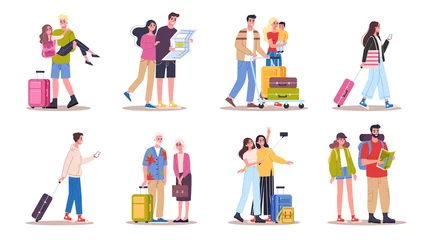 Fotobehang Vector illustration set of tourist with laggage and handbag. © inspiring.team