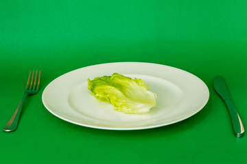 Green lettuce on white plate with knife and fork isolated in green background.