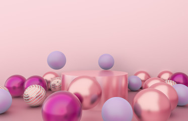Empty cylinder box with Christmas balls background. Luxury cosmetic product display scene. 3d render.