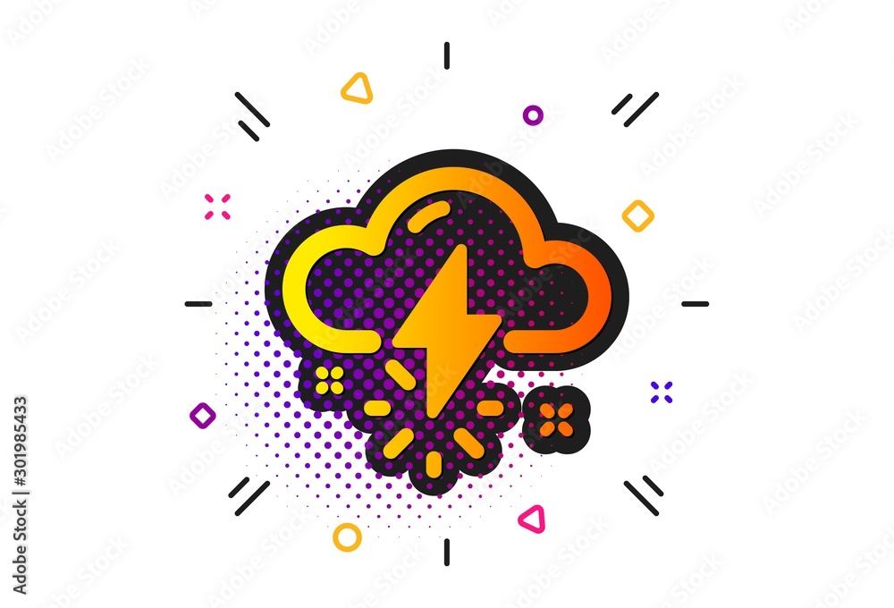Poster thunderbolt with cloud sign. halftone circles pattern. thunderstorm weather icon. bad day symbol. cl