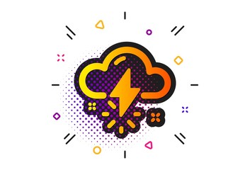 Thunderbolt with cloud sign. Halftone circles pattern. Thunderstorm weather icon. Bad day symbol. Classic flat thunderstorm weather icon. Vector