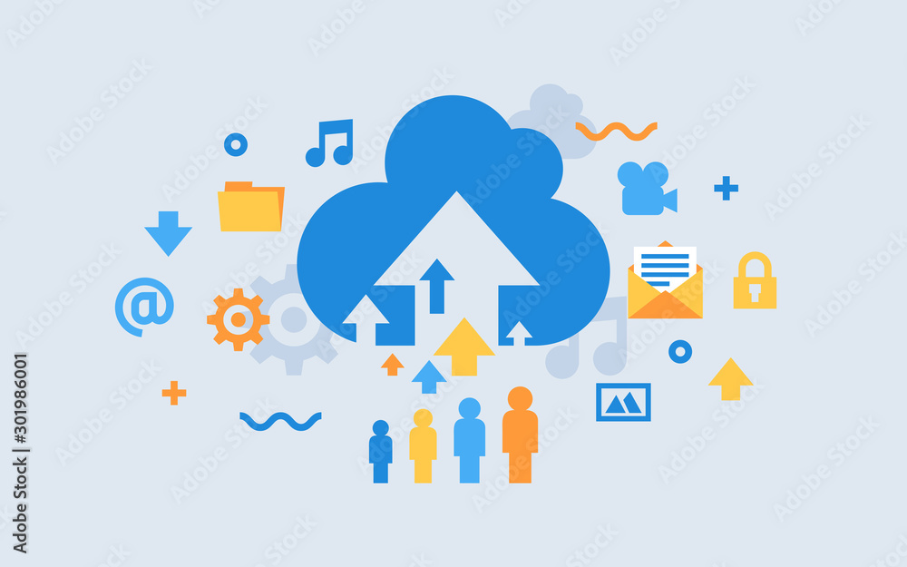 Poster cloud storage download flat vector illustration. digital service or app with data transfering. onlin