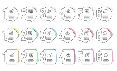 Project deadline, Diploma and Musical note line icons set. Infographic timeline. Demand curve, Messenger and Quick tips signs. Time management, Document with badge, Music. Statistical report. Vector