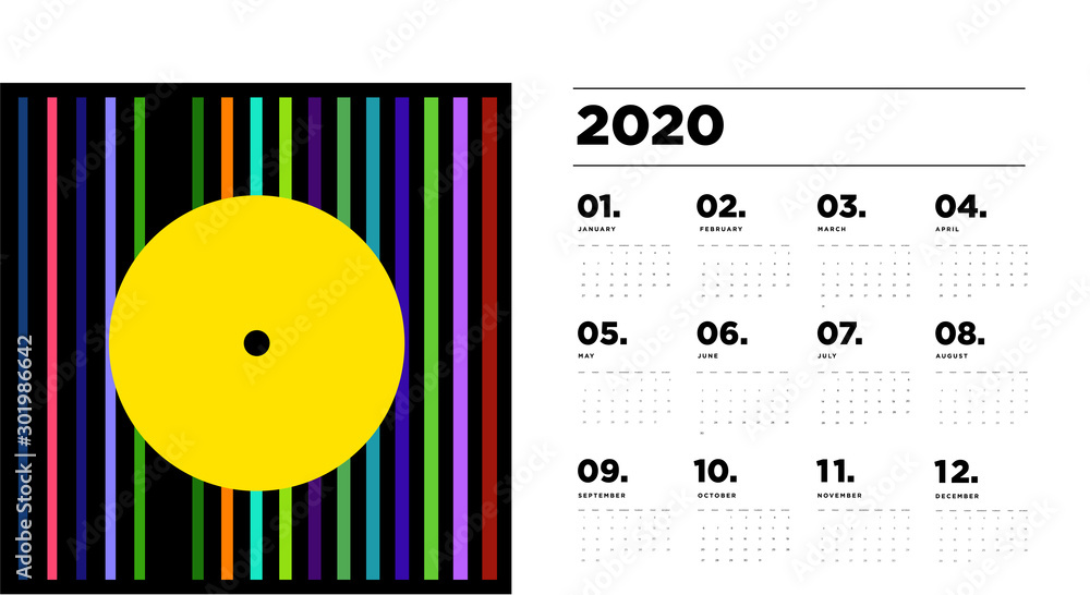 Poster 2020 new year calendar design template with colorful abstract geometric and liquid background