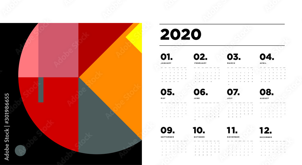 Poster 2020 new year calendar design template with colorful abstract geometric and liquid background