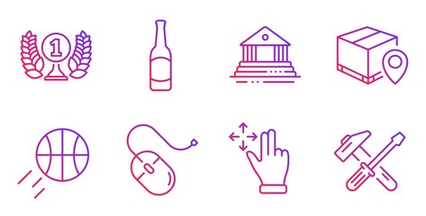 Court building, Beer and Parcel tracking line icons set. Laureate award, Basketball and Computer mouse signs. Move gesture, Hammer tool symbols. Government house, Bar drink. Business set. Vector