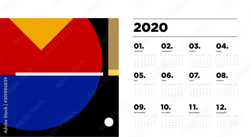 Poster 2020 new year calendar design template with colorful abstract geometric and liquid background