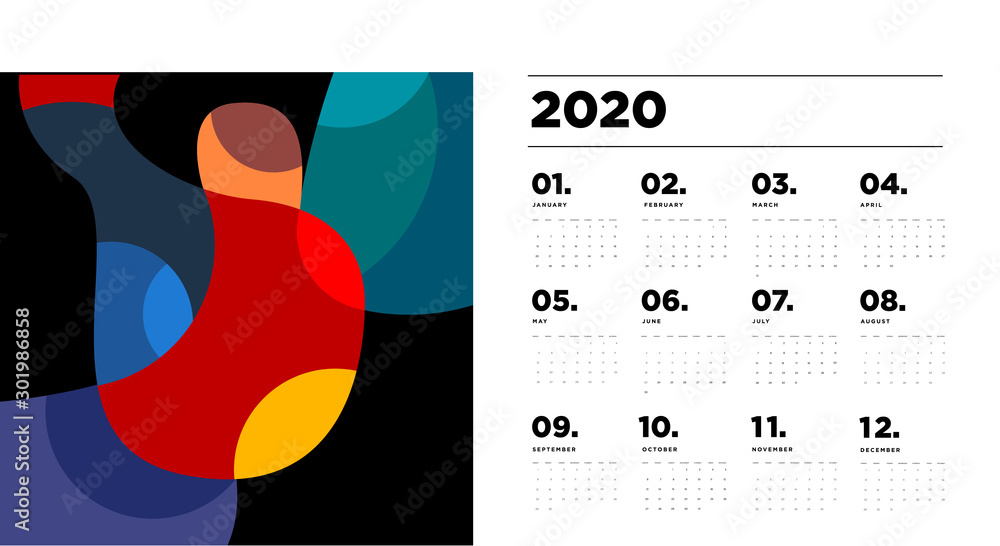 Poster 2020 new year calendar design template with colorful abstract geometric and liquid background