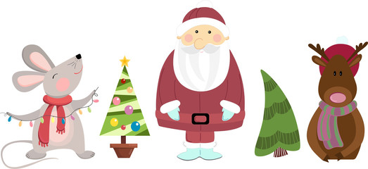 Christmas vector set with the mouse, santa claus, сhrismas tree and deer. 