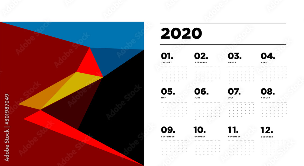 Poster 2020 new year calendar design template with colorful abstract geometric and liquid background
