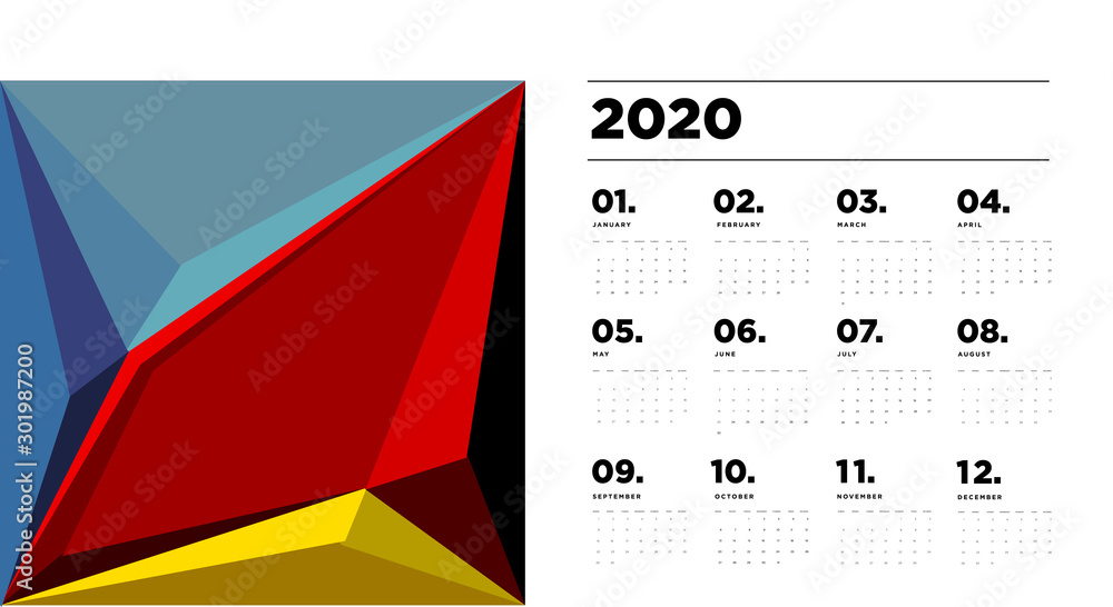 Poster 2020 new year calendar design template with colorful abstract geometric and liquid background