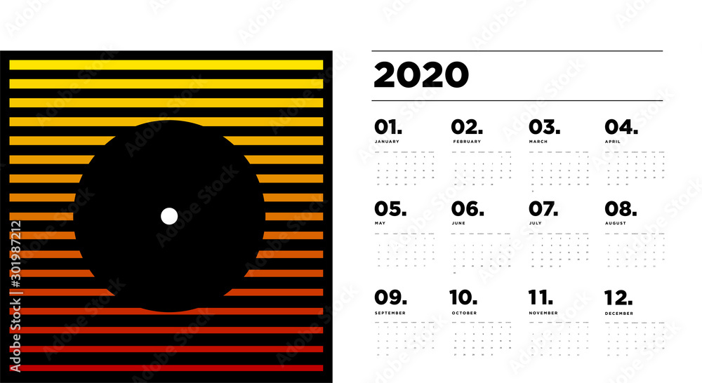 Poster 2020 new year calendar design template with colorful abstract geometric and liquid background