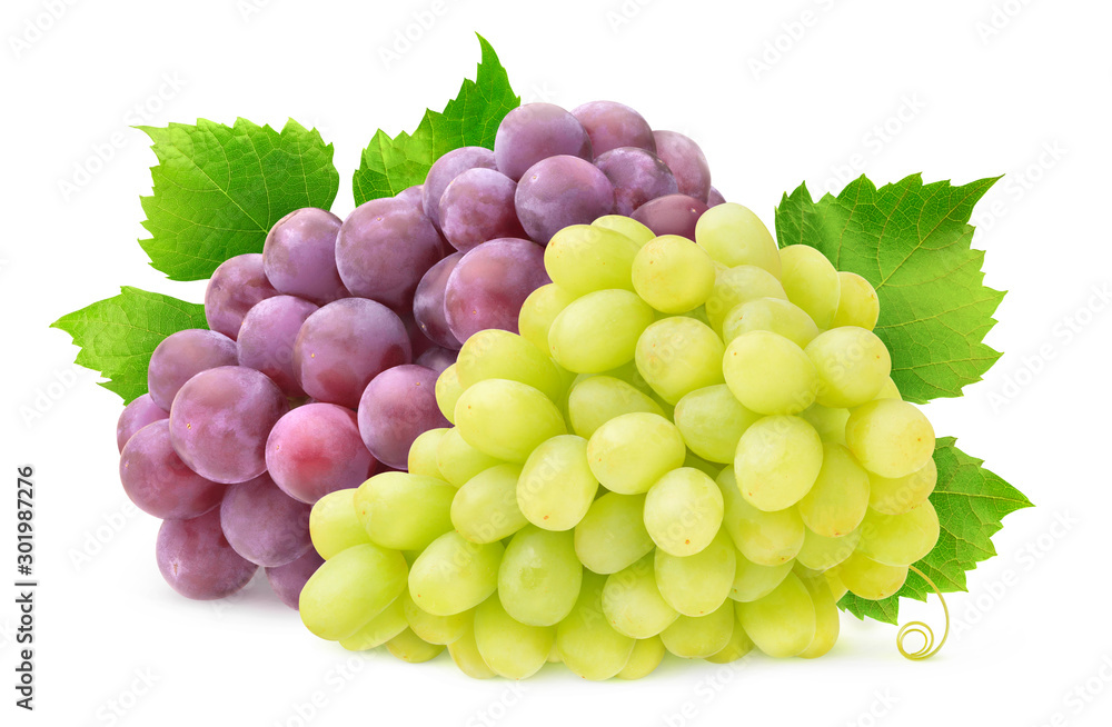 Aufkleber Isolated two grape varieties. Bunch of white and red grapes with leaves isolated on white background with clipping path
