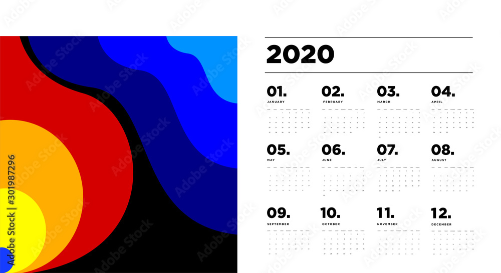 Poster 2020 new year calendar design template with colorful abstract geometric and liquid background