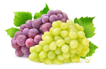 Isolated two grape varieties. Bunch of white and red grapes with leaves isolated on white...